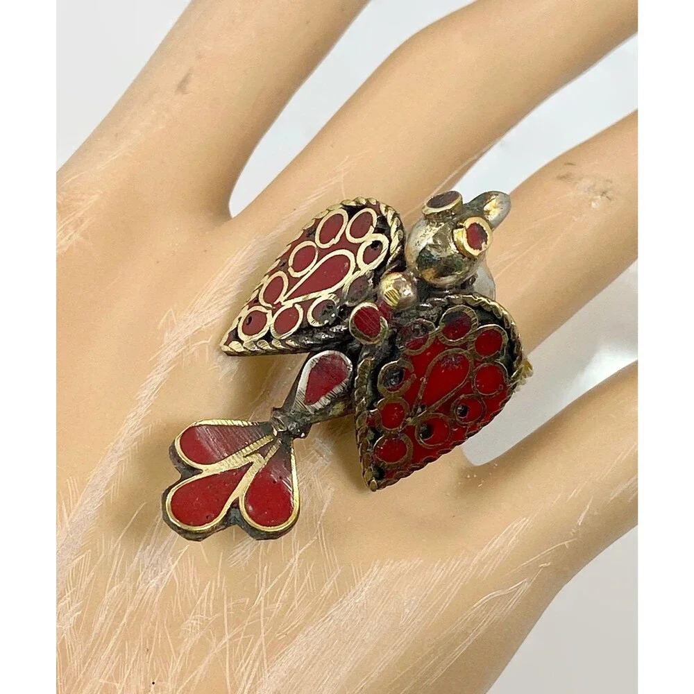 Vintage Bird Ring Afghan: Middle Eastern Red Enameled Silver Brass, Size 9